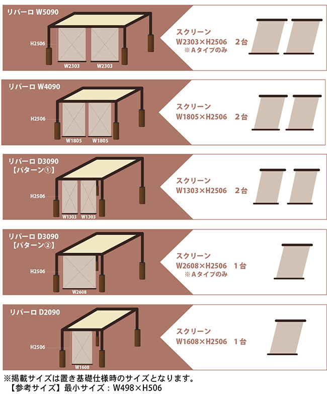 自立型オーニングリパーロ：サイドスクリーンのサイズ展開