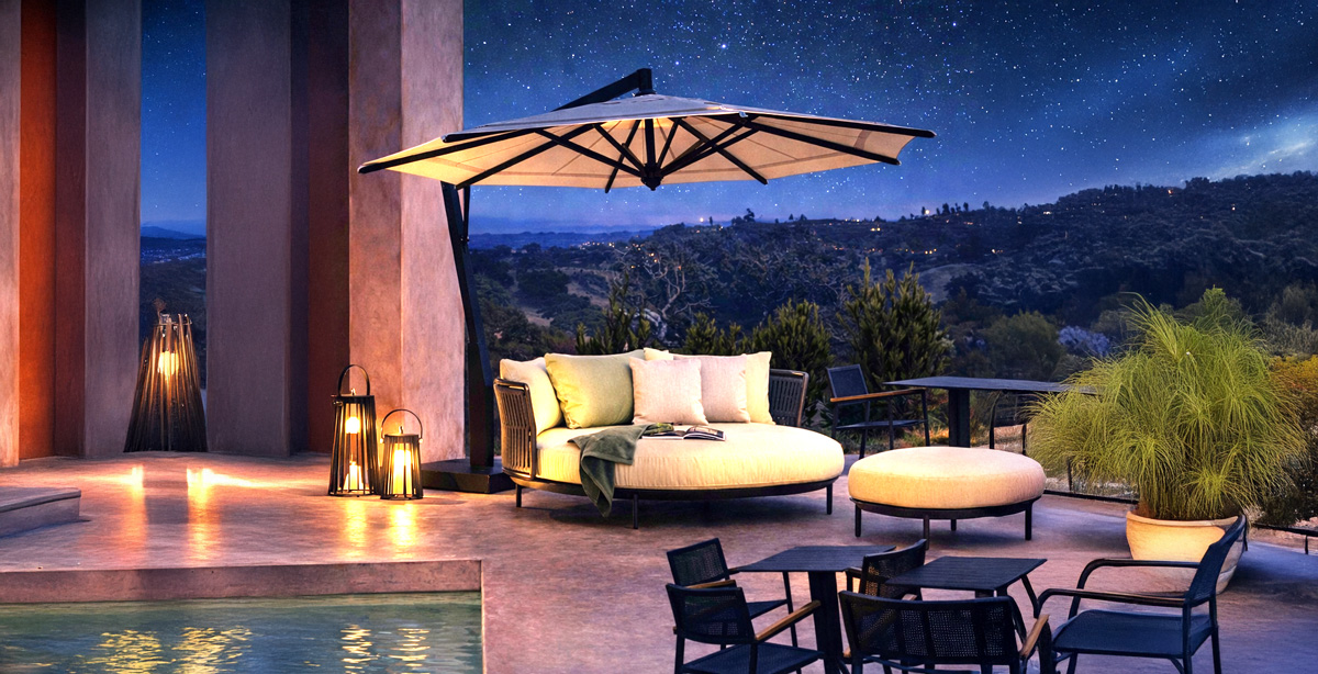 夕暮れ時のプライベートラウンジで使用される円形ラウンジソファ