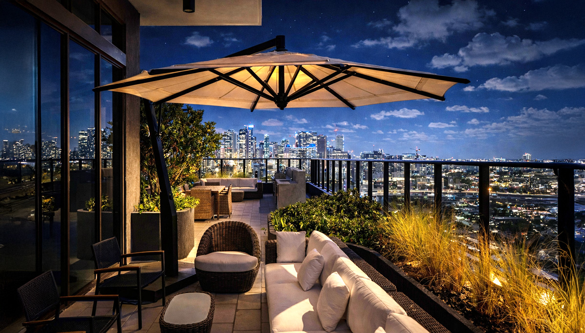 都市のパノラマビューを楽しむスカイラインテラスのラウンジ席