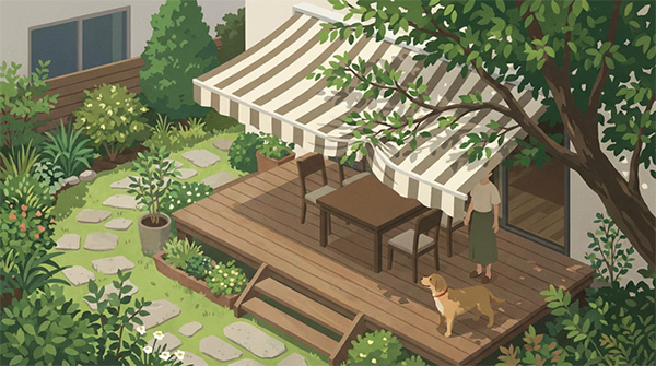 庭木と接触しているオーニング