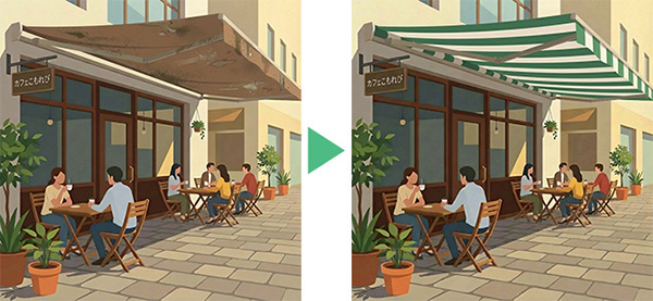 キャンバス地を張り替えたオーニング