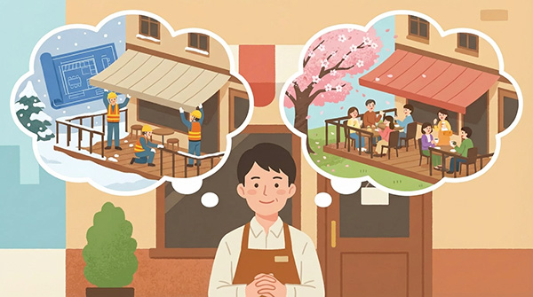 テラスでのオーニング導入計画を建てるカフェオーナー