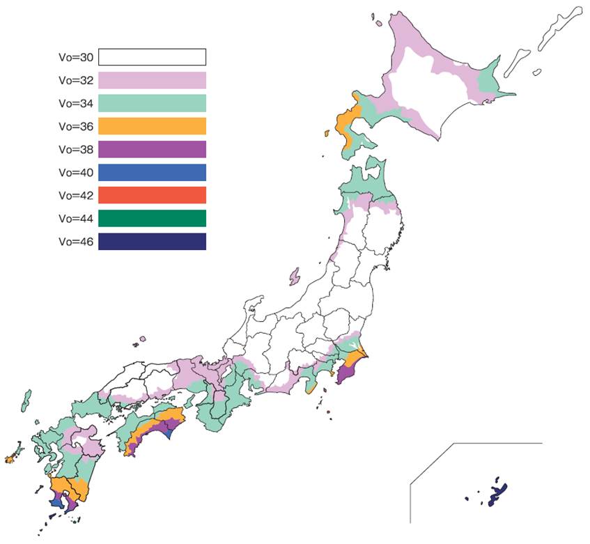 オーニング、パラソルの取扱い時の基準風速地図