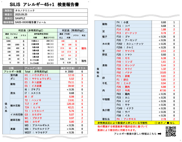 SiLIS-100 検査結果報告書見本